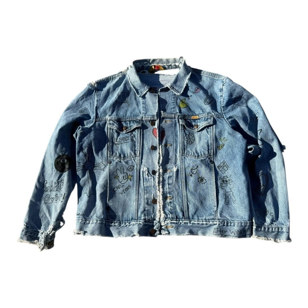 Rustler XL custom hand painted distressed denim jacket one of one wearable art